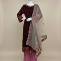 Elegant Maroon 3-Piece Velvet Embroidered Maxi Ensemble