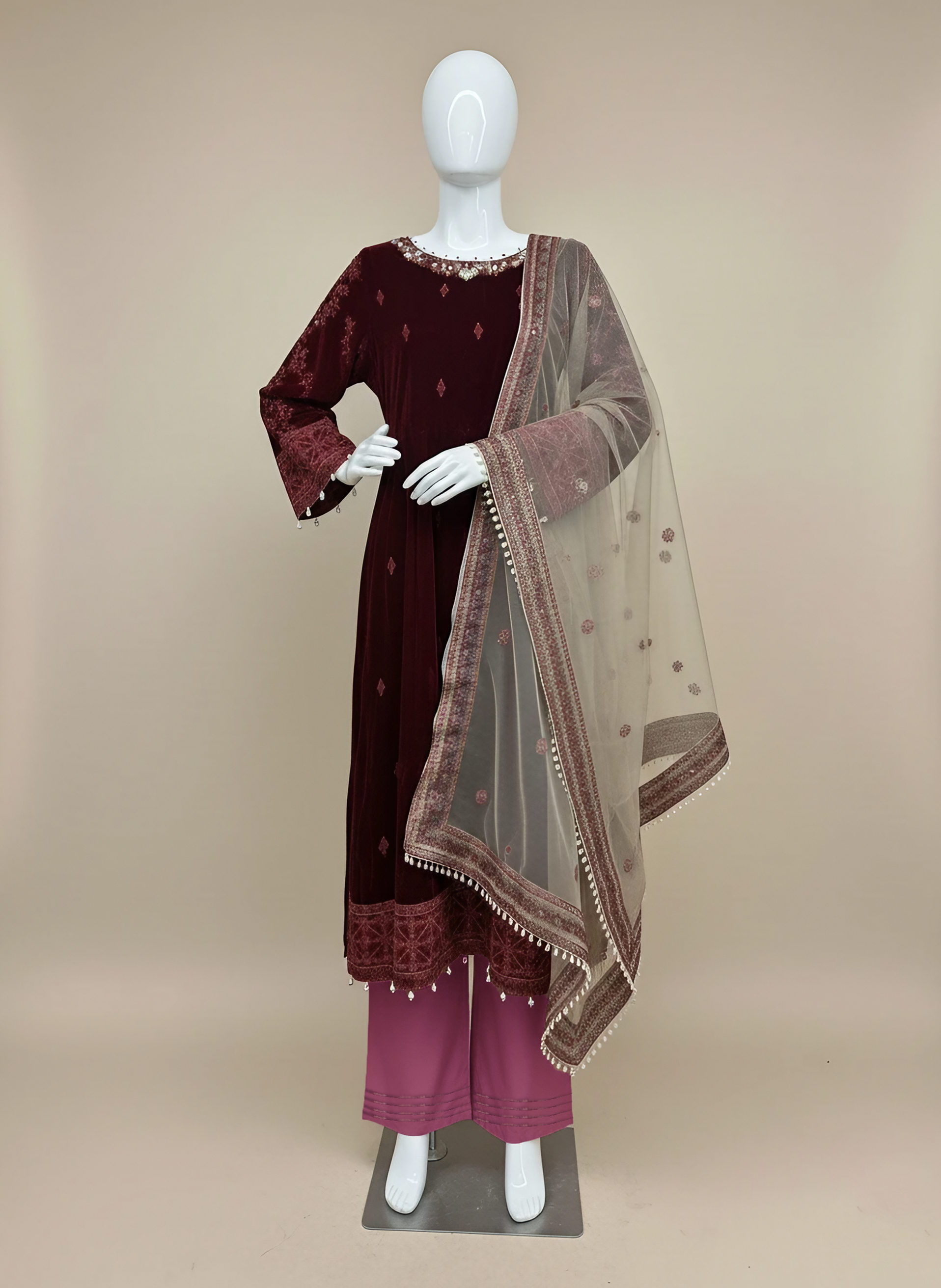 Elegant Maroon 3-Piece Velvet Embroidered Maxi Ensemble
