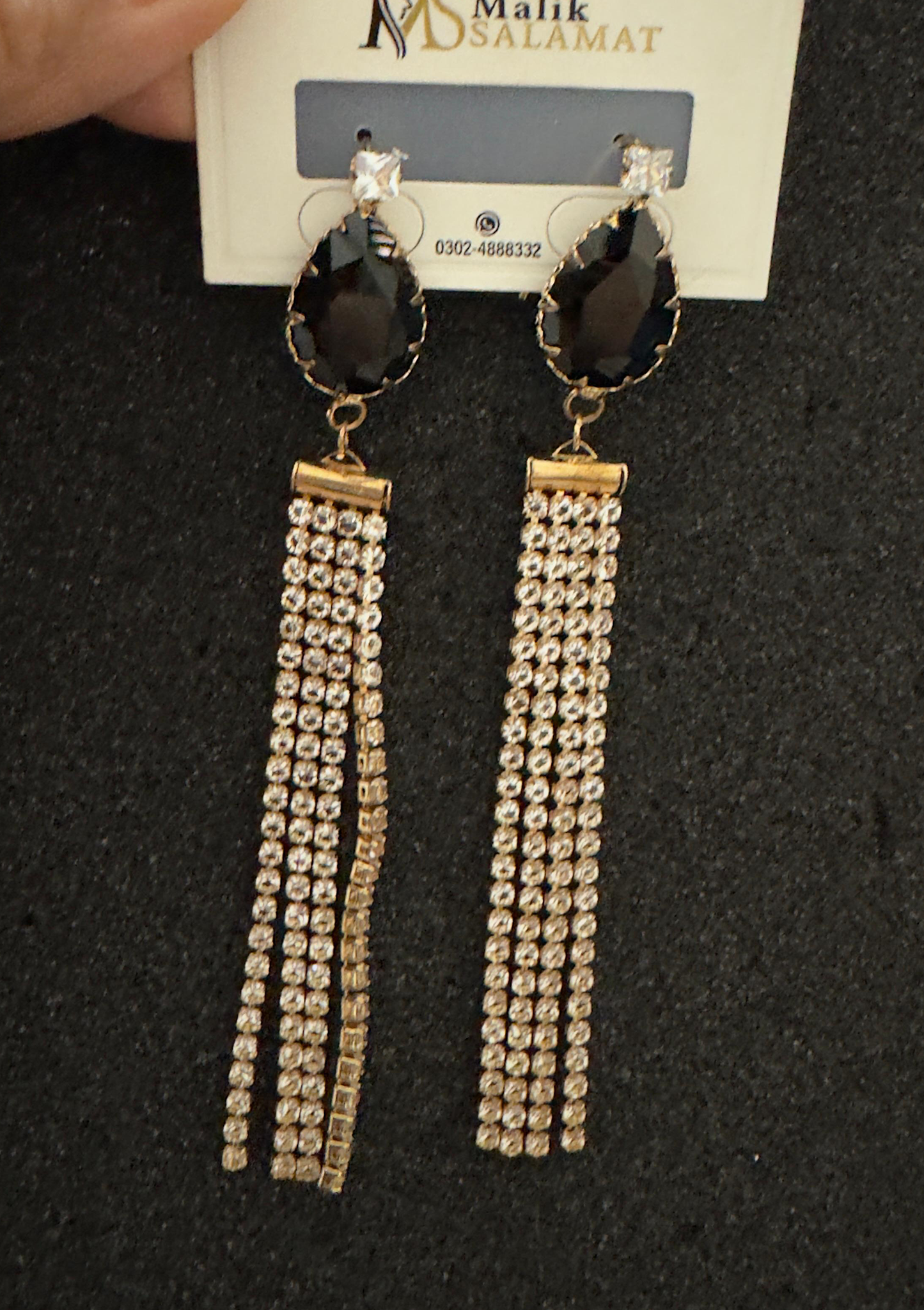 Black Teardrop Crystal & Gold Rhinestone Tassel Drop Earrings