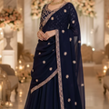 Navy Blue Chiffon Dupatta with Peach & Golden Zari Work – Elegant & Festive