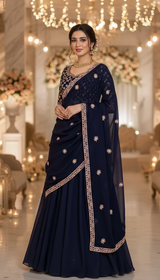 Navy Blue Chiffon Dupatta with Peach & Golden Zari Work – Elegant & Festive