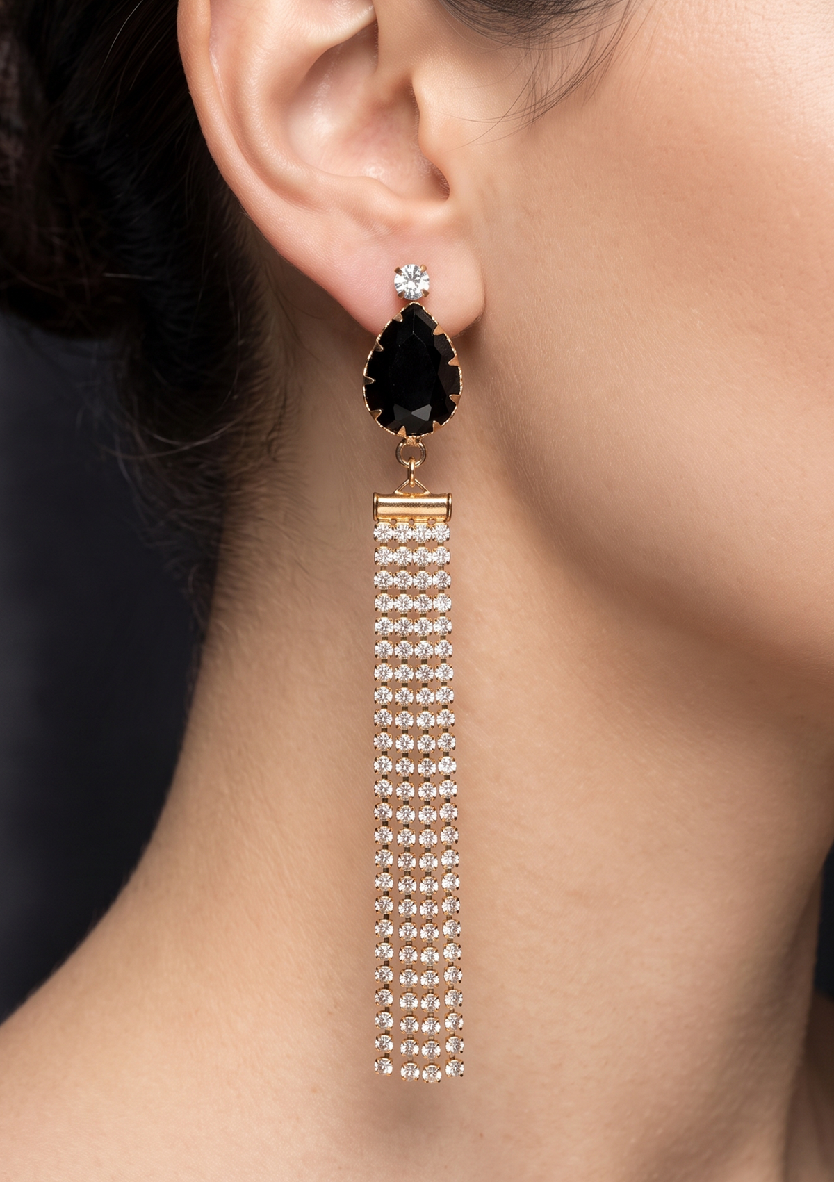 Black Teardrop Crystal & Gold Rhinestone Tassel Drop Earrings