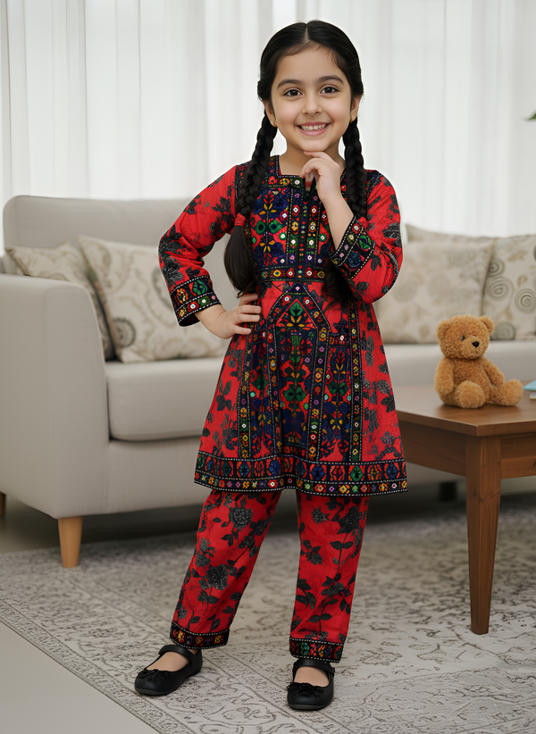 Kids Printed Embroidered Cotton Suit – Comfortable 2-Piece