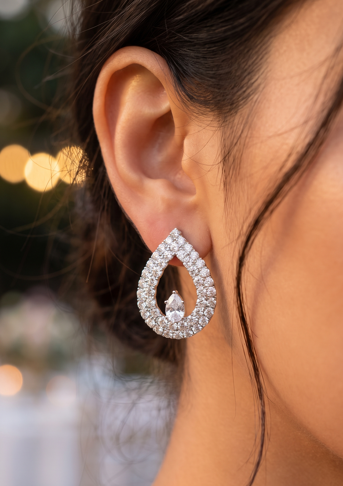 Silver Open Teardrop Pavé Crystal Earrings | Floating Pear Solitaire Studs