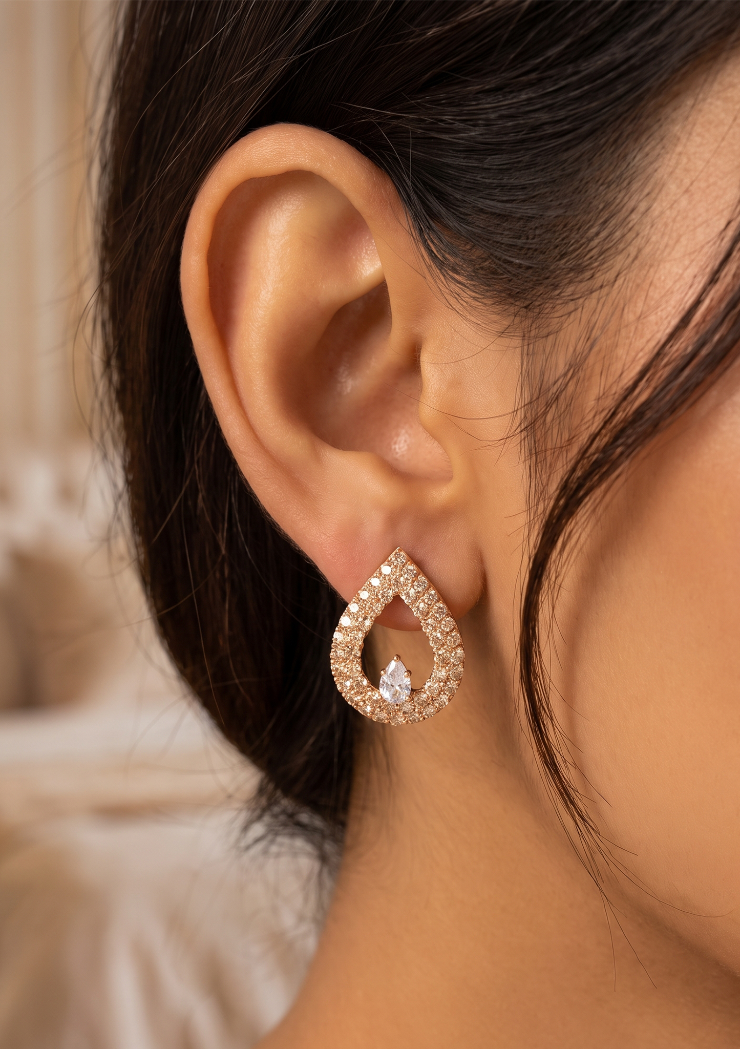 Rose Gold Open Teardrop Crystal Earrings | Pavé Zircon Center Solitaire Studs