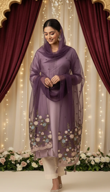 Purple Net Dupatta with Embroidery – Elegant & Festive