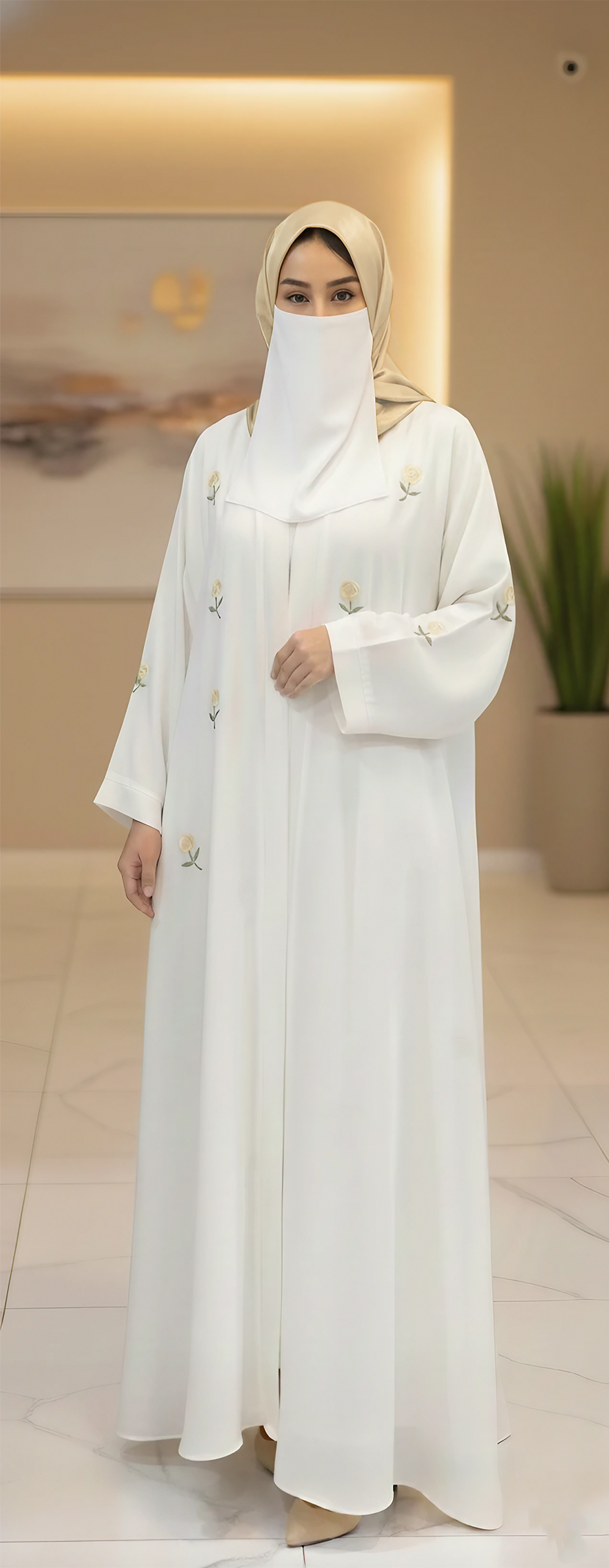 3-Piece Embroidered Front Open Chiffon Abaya in Brown | Hijab & White Niqab