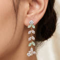 Mint Green & Crystal Zircon Leaf Drop Earrings | Statement Party Wear
