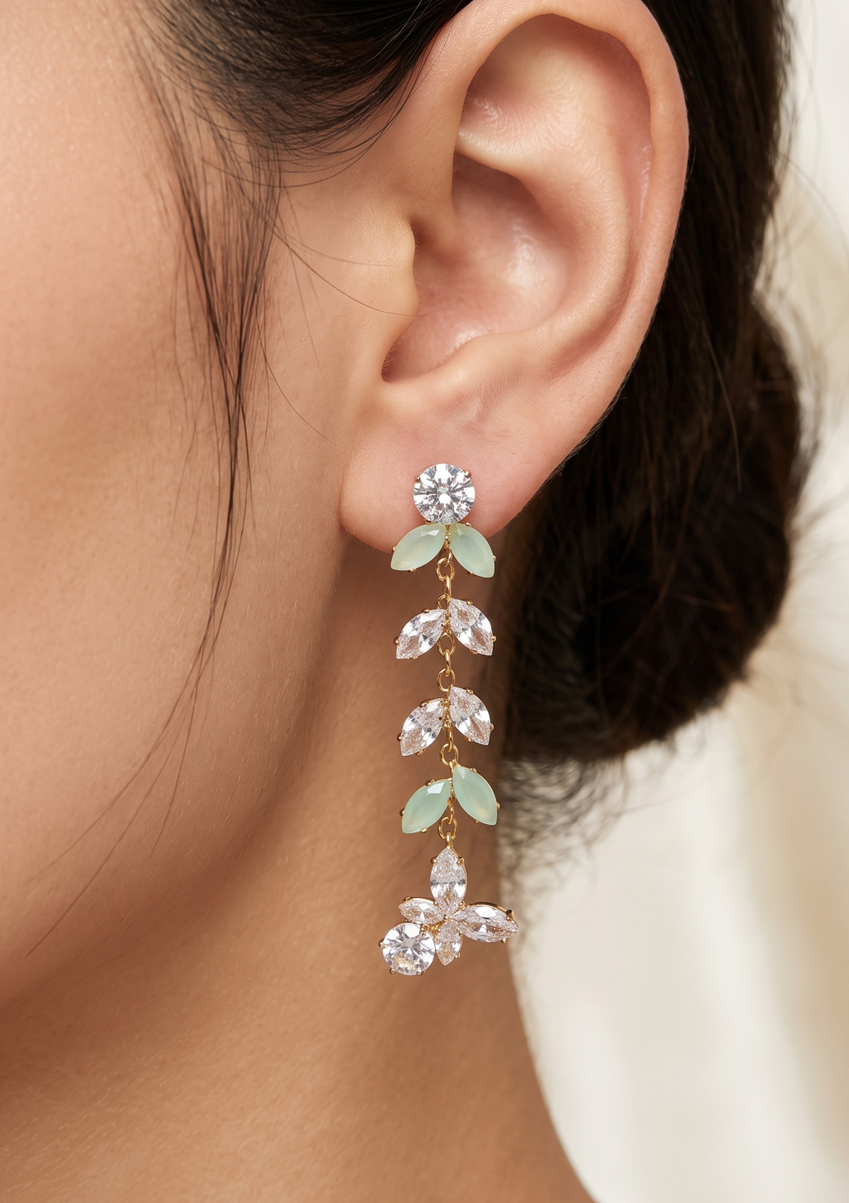 Mint Green & Crystal Zircon Leaf Drop Earrings | Statement Party Wear