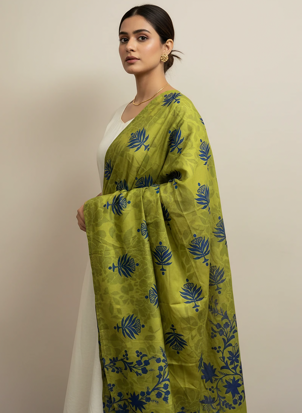 Linen Dupatta with Blue Floral Print – Full-Size Lining Dupatta for Women