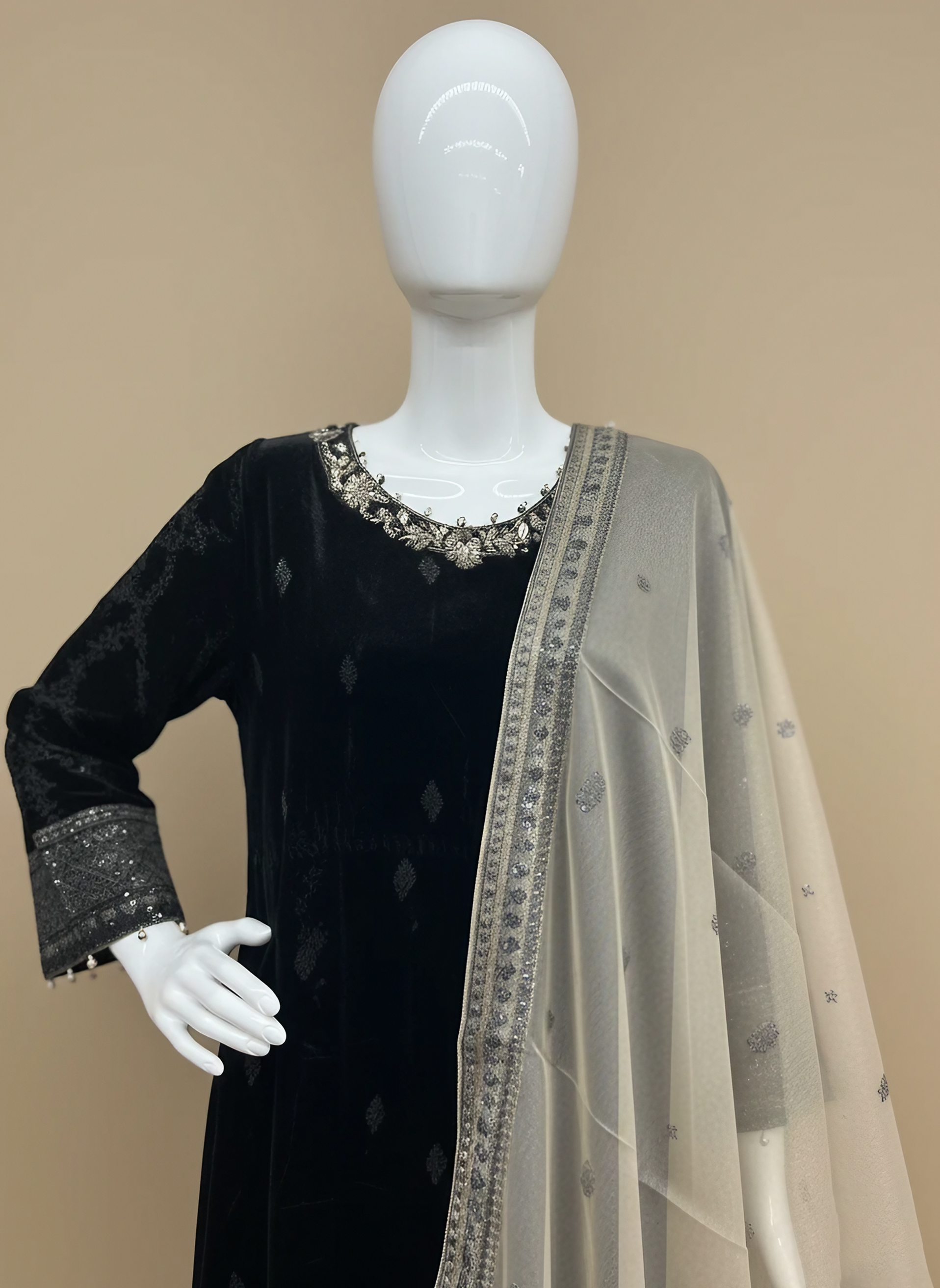 Elegant Black 3-Piece Velvet Embroidered Maxi Ensemble