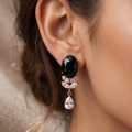 Black Oval Gem Drop Earrings | Rose Gold Marquise Crystal Teardrop Earrings