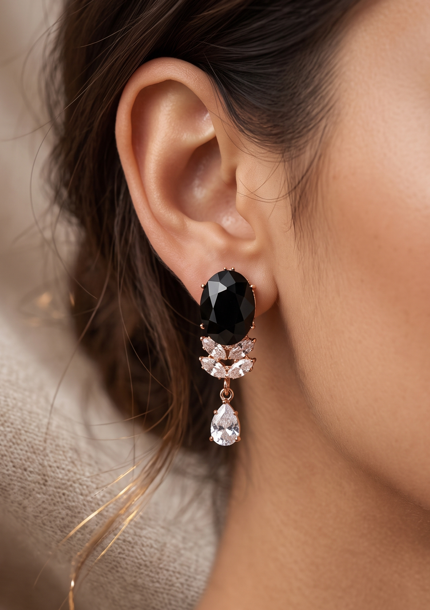 Black Oval Gem Drop Earrings | Rose Gold Marquise Crystal Teardrop Earrings