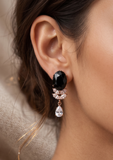 Black Oval Gem Drop Earrings | Rose Gold Marquise Crystal Teardrop Earrings
