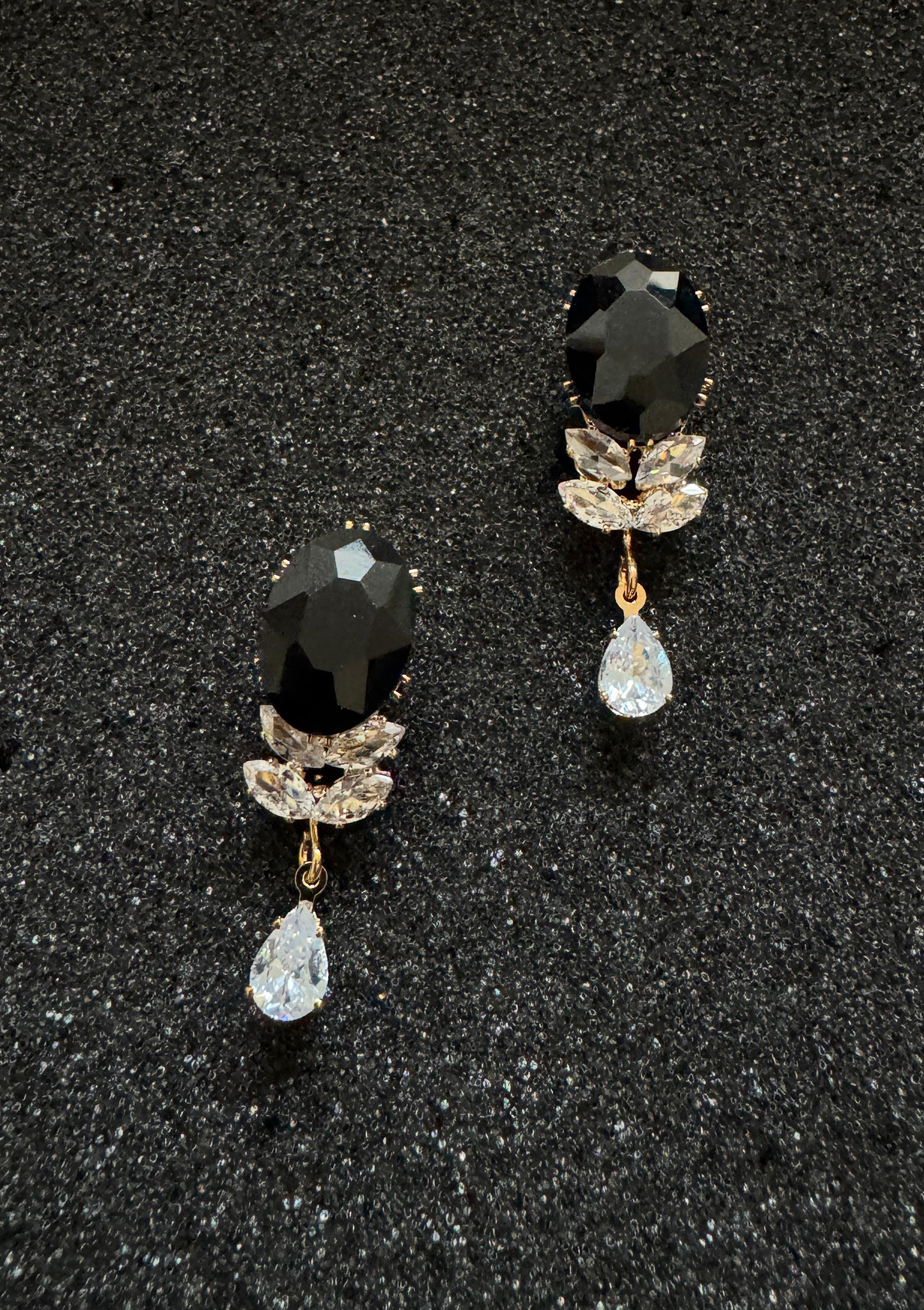 Black Oval Gem Drop Earrings | Rose Gold Marquise Crystal Teardrop Earrings