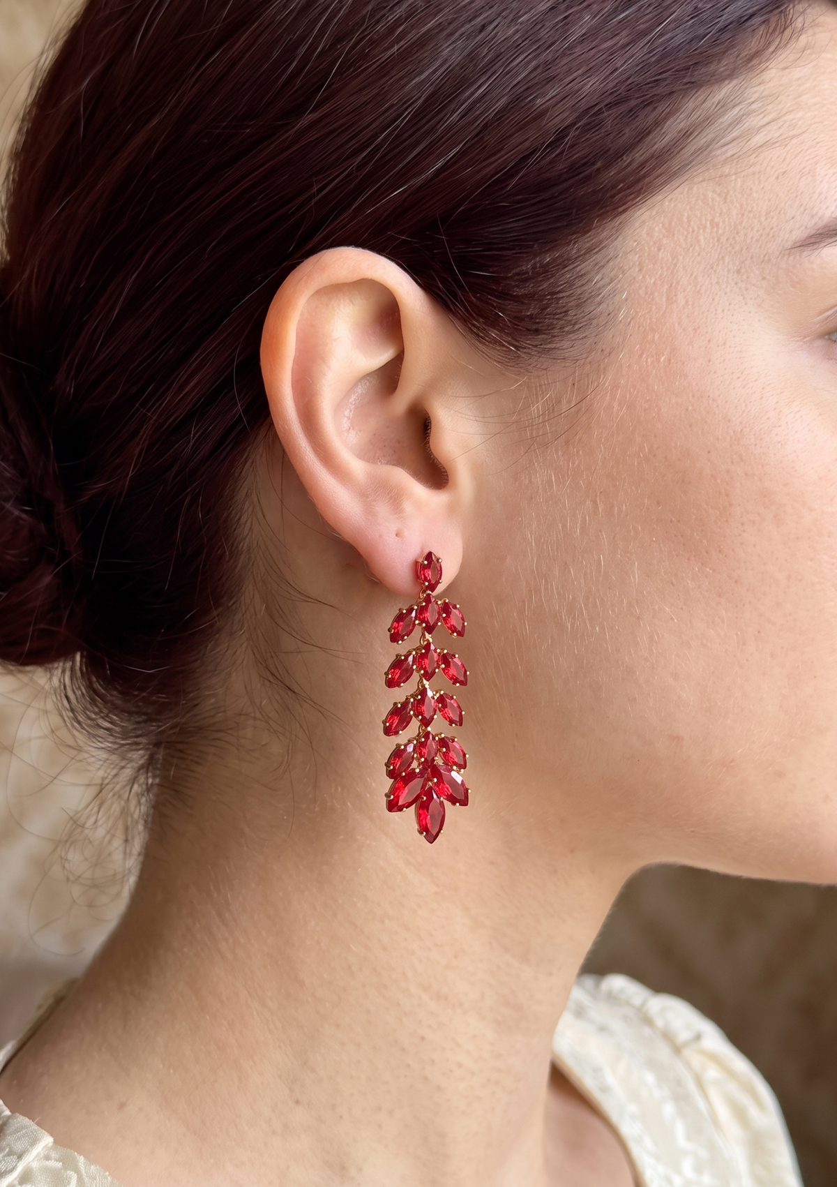 Ruby Red Marquise Crystal Vine Drop Earrings | Elegant Evening Statement Jewelry