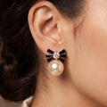 Black Baguette Bow Pearl Drop Earrings | CZ Ribbon & Luminous Pearl Studs