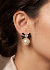 Black Baguette Bow Pearl Drop Earrings | CZ Ribbon & Luminous Pearl Studs