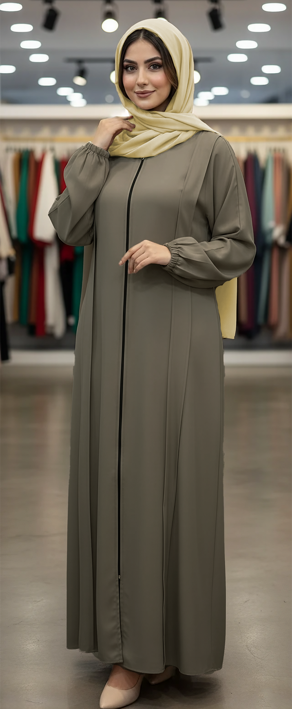 Elegant Front-Open Abaya with Full Zipper, Belt & Hijab