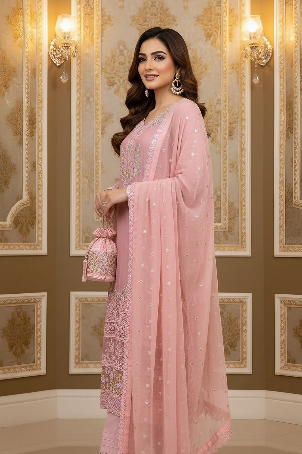 4 Pcs Pink Formal Chiffon Embroidered Suit with Potli Bag