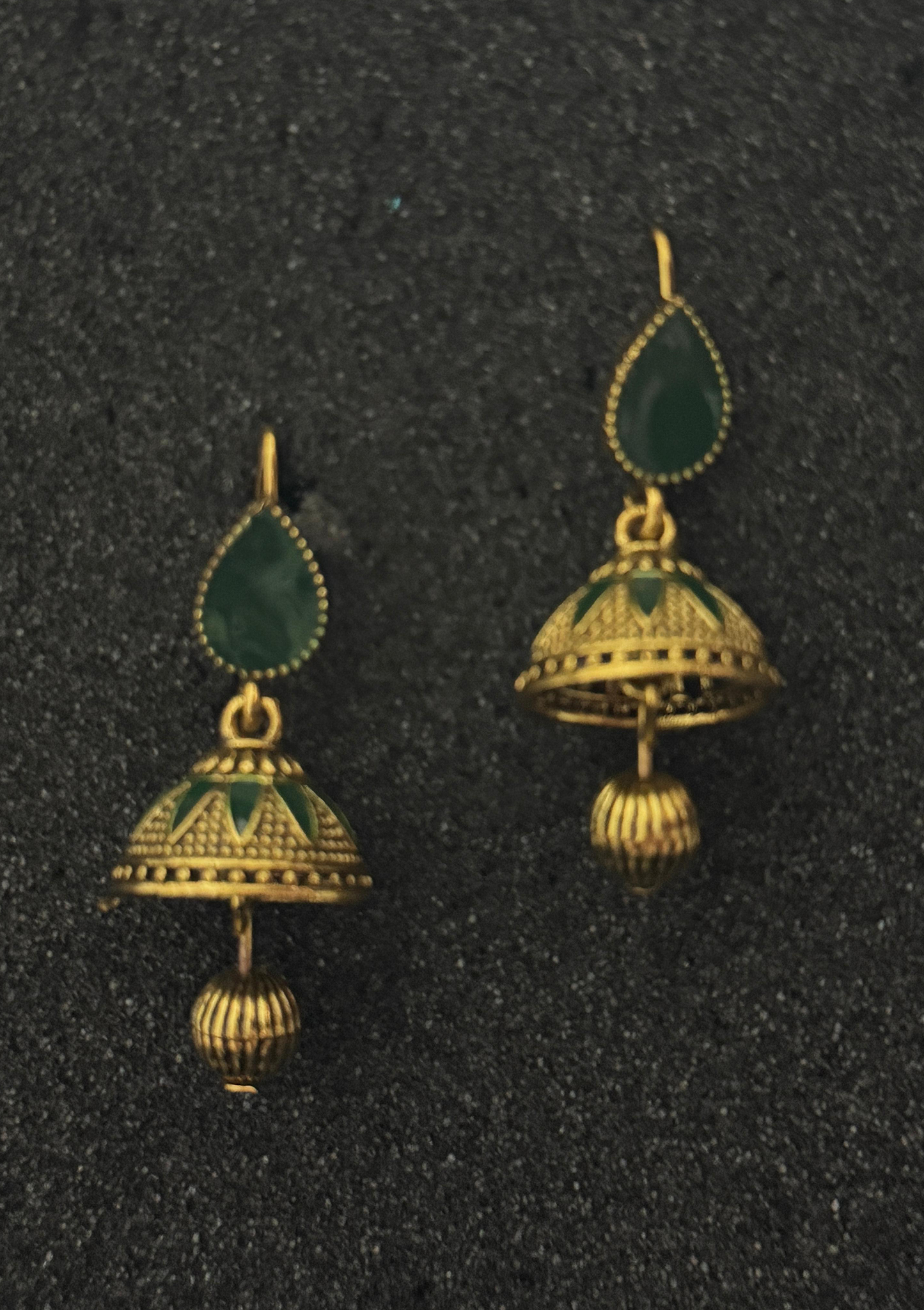 Emerald Green Tear Gem Gold Jhumka Earrings | Enamel Dome Drop Jewelry