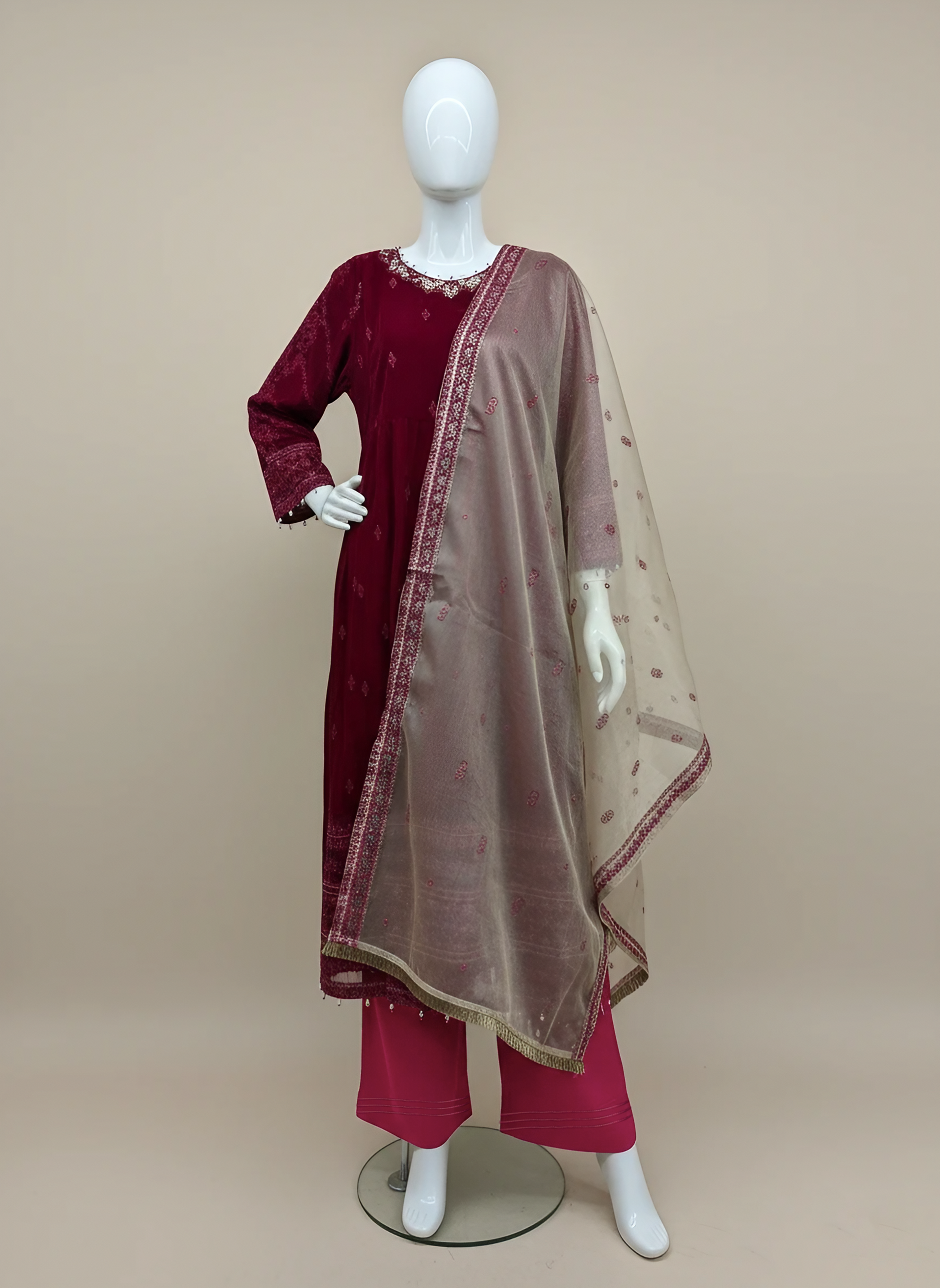 Elegant Red 3-Piece Velvet Embroidered Maxi Ensemble