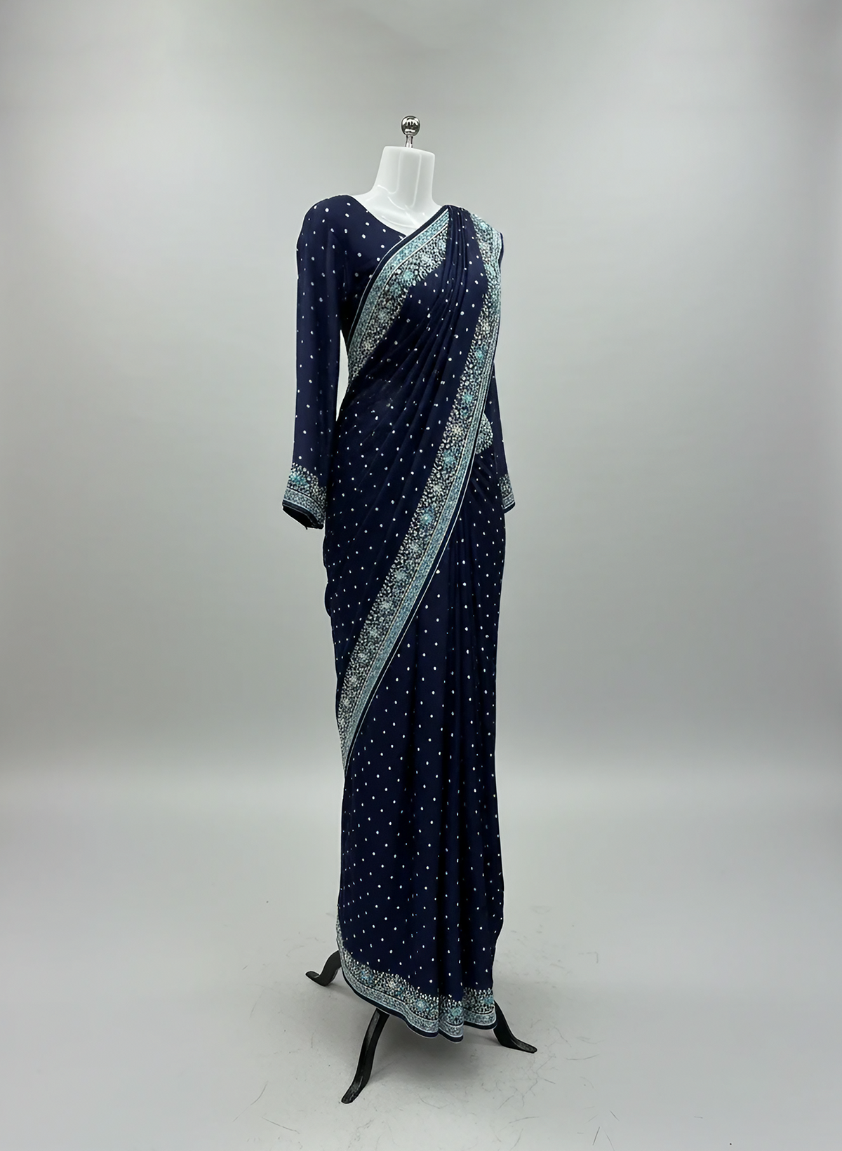 Navy Blue Hand-Embroidered Silk Saree with Full-Sleeves Blouse