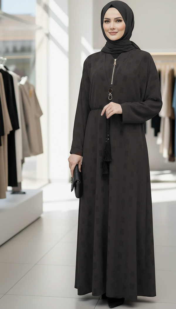 Elegant Self-Print Sheefon Abaya with Belt & Scarf