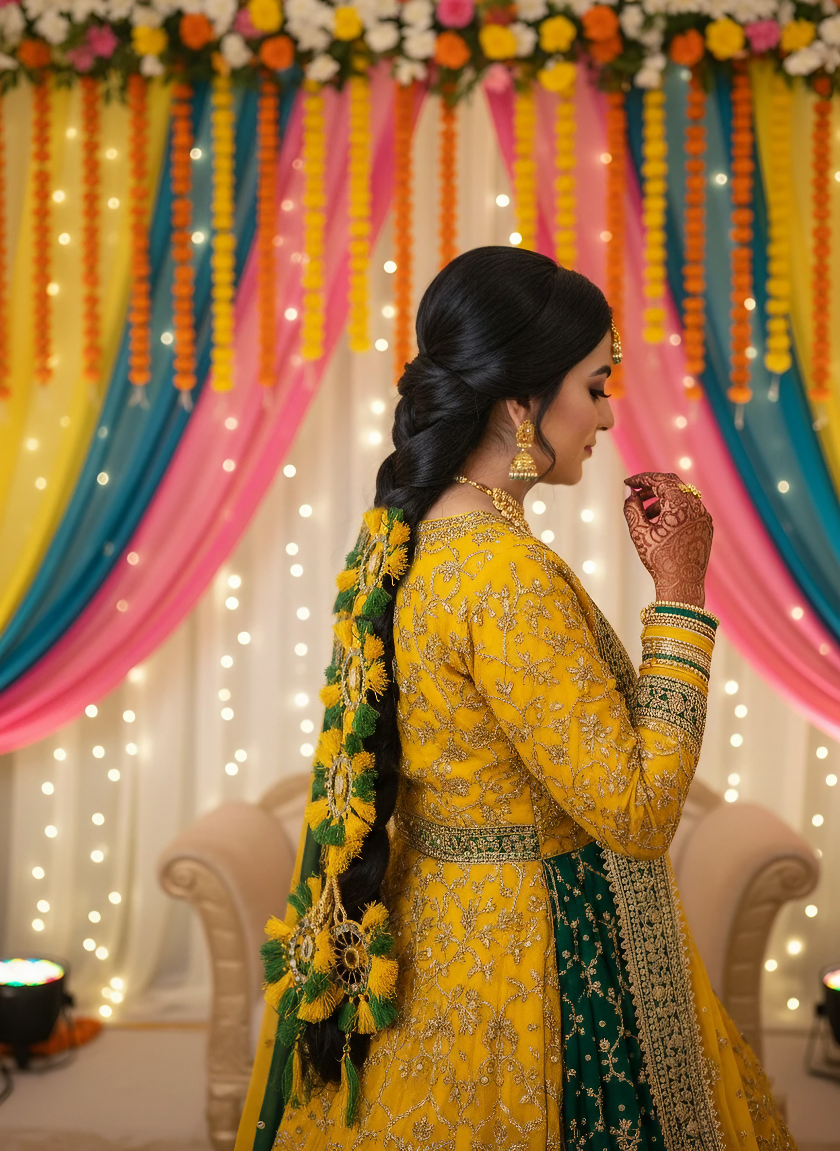 Yellow and Green Floral Tassel Braided Hair Paranda