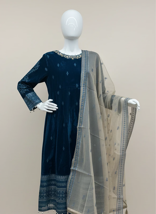 Teal Blue Micro Velvet 3-Piece Maxi Dress