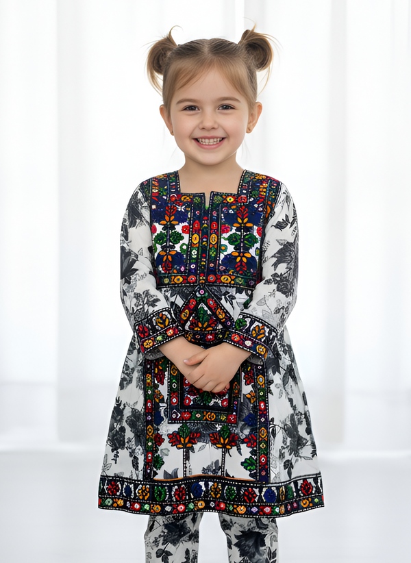 Girls Embroidered 2-Piece Cotton Suit – Printed Kurta & Trouser Set