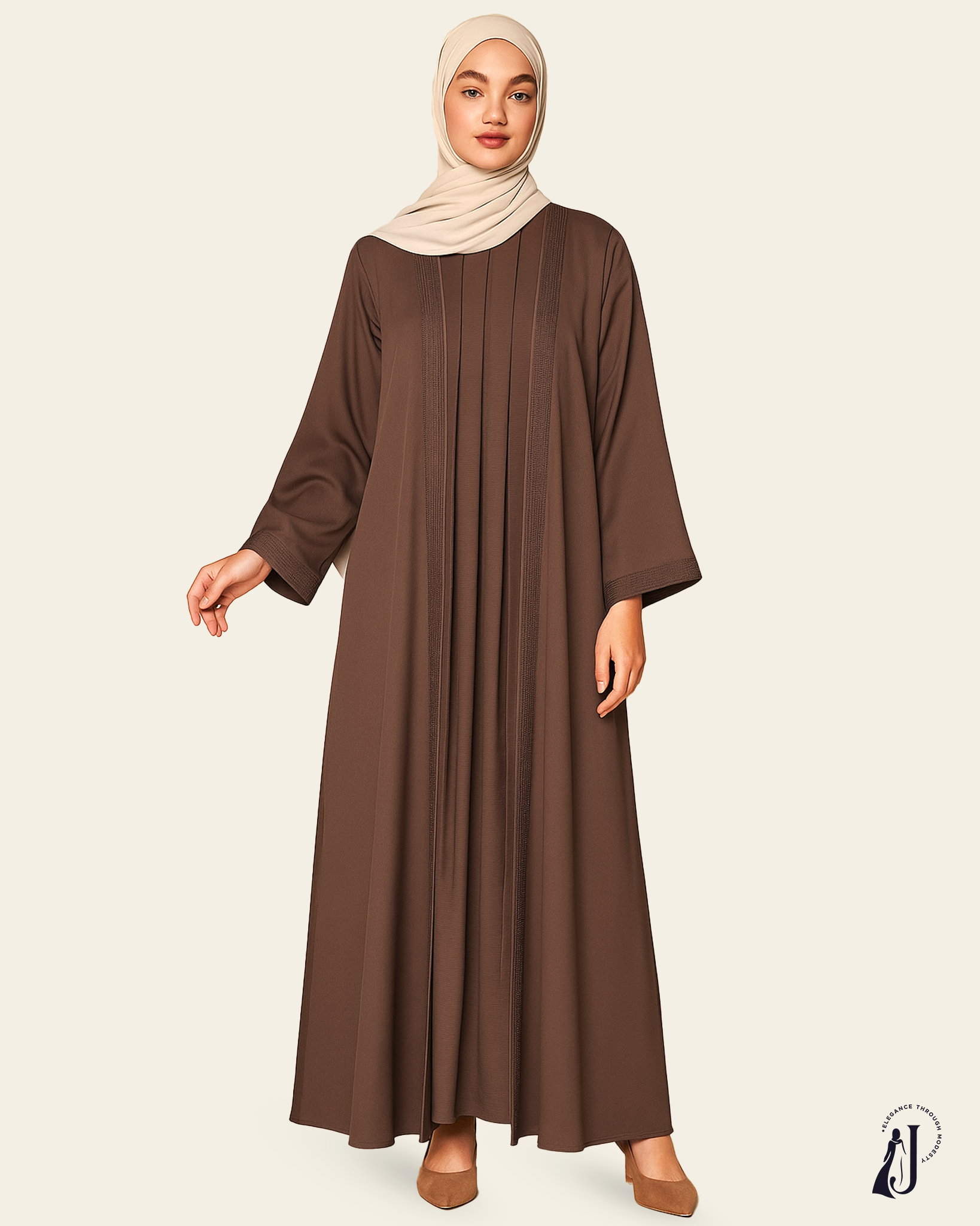 Central Pleated Abaya with Textured Panels – Flowy & Modest