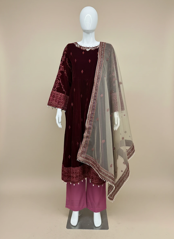 Elegant Red 3-Piece Velvet Embroidered Maxi Ensemble