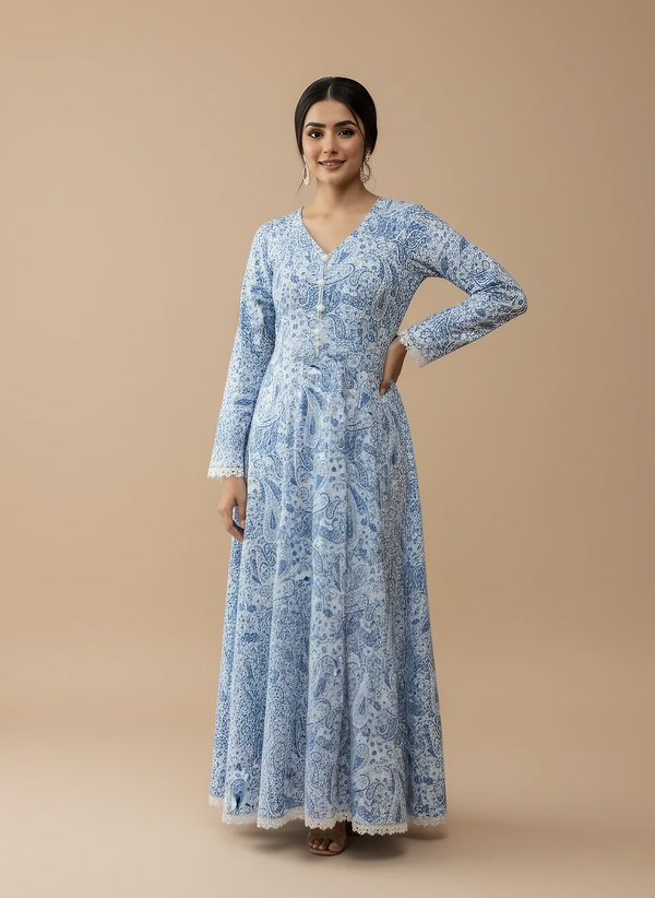 Elegant Blue & White Paisley Linen Maxi Dress