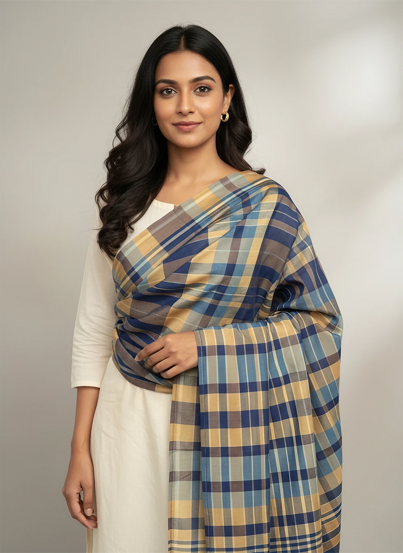 Cotton Zari Dupatta – Blue & Beige Checkered Full-Size Festive Dupatta for Women