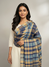 Cotton Zari Dupatta – Blue & Beige Checkered Full-Size Festive Dupatta for Women