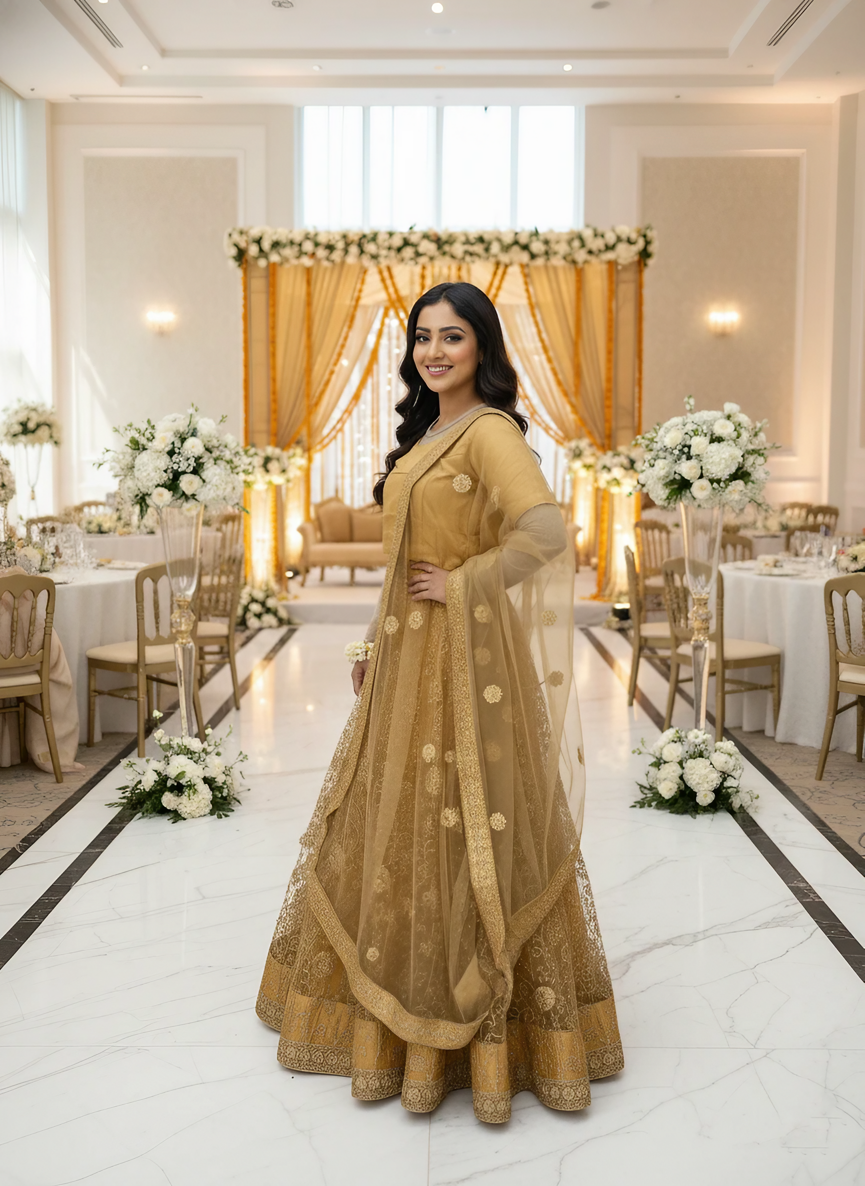 Stunning Golden Brown Net Lehenga with a Silk Blouse