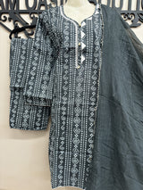 Grey Chunri Printed Cotton 3-Piece Outfit