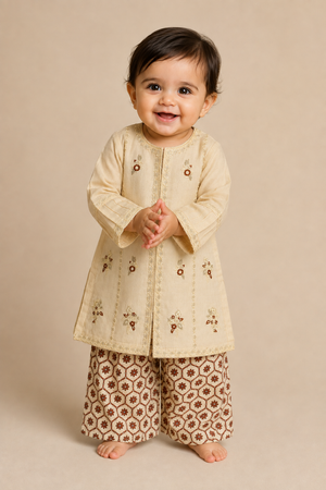 Baby Choice cream embroidered baby girls dobby lawn suit with brown printed palazzo in Canada.