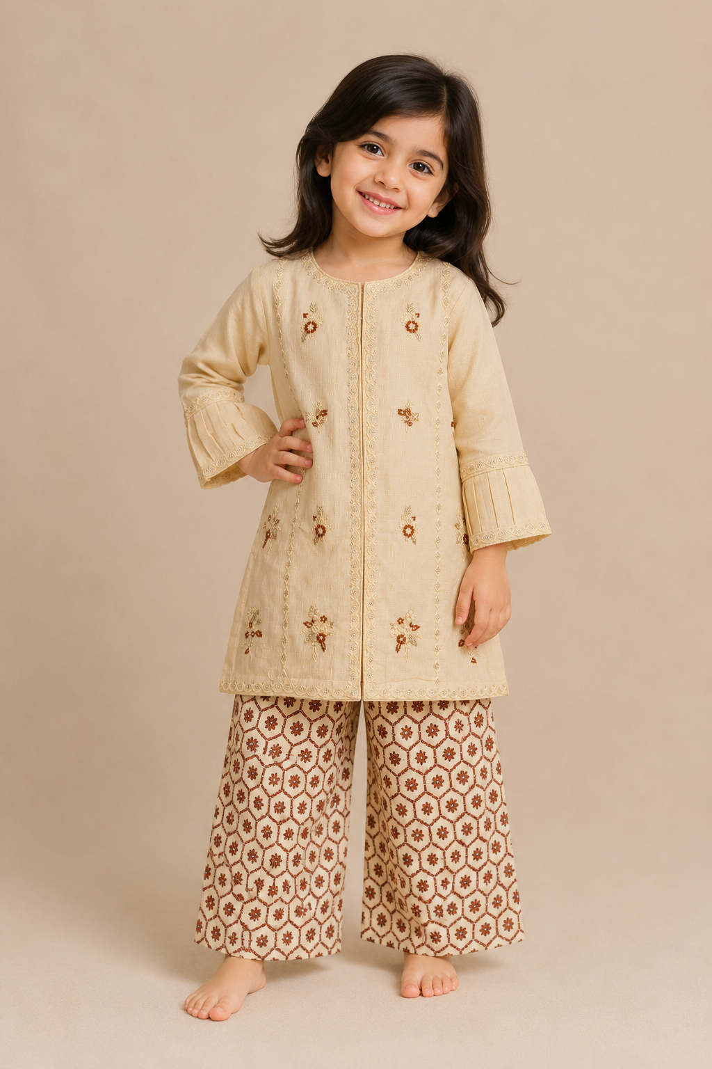 Premium cream and brown embroidered girls 2 piece lawn outfit with printed palazzo in Canada.