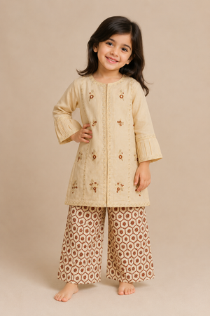 Premium cream and brown embroidered girls 2 piece lawn outfit with printed palazzo in Canada.