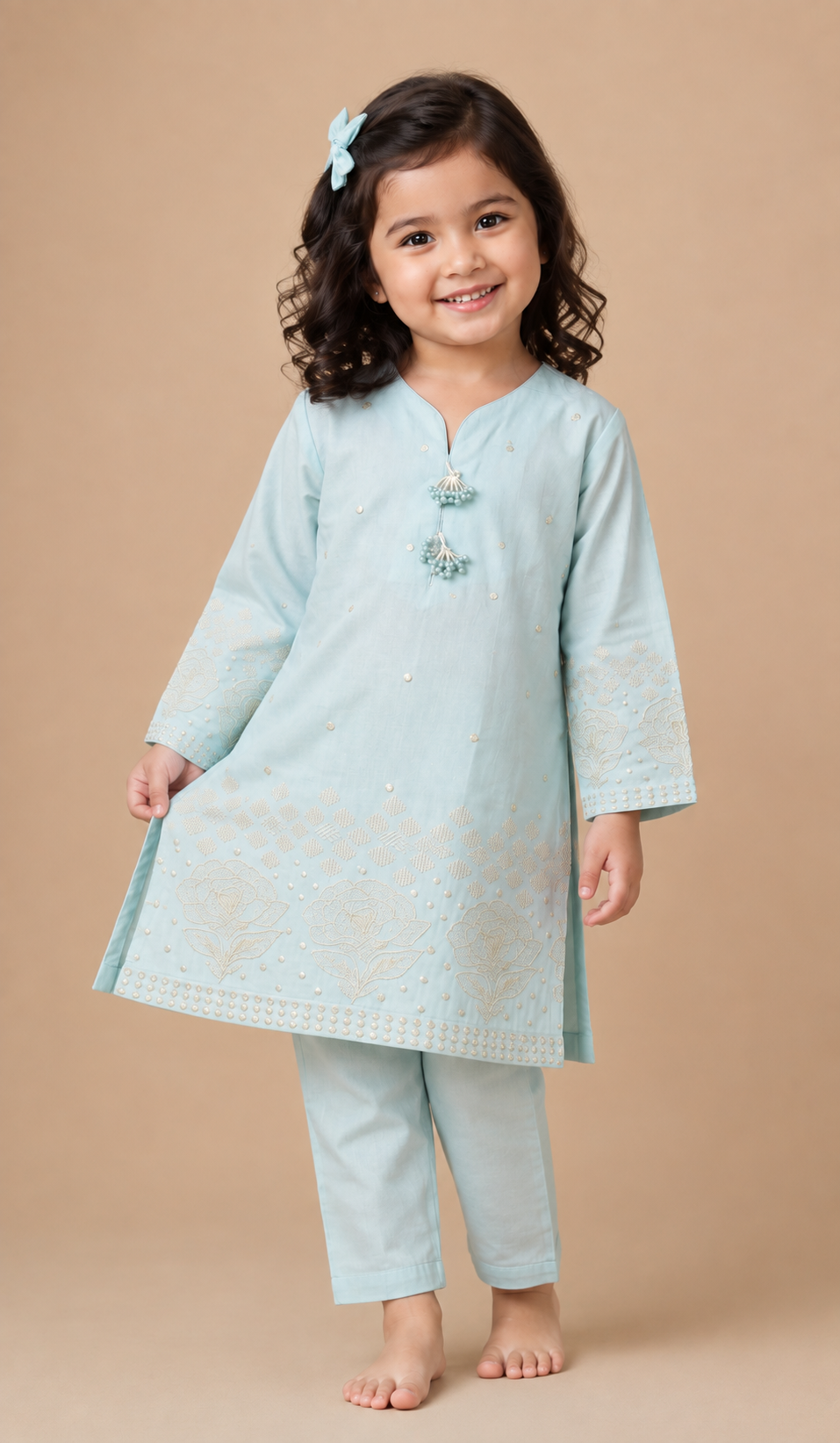 Sky blue Baby Choice girls embroidered lawn outfit featuring embossed glitter fabric and matching pants in Canada