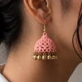 Baby Pink Carved Jhumka Earrings with Gold-Tone Moti Drops