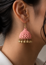Baby Pink Carved Jhumka Earrings with Gold-Tone Moti Drops