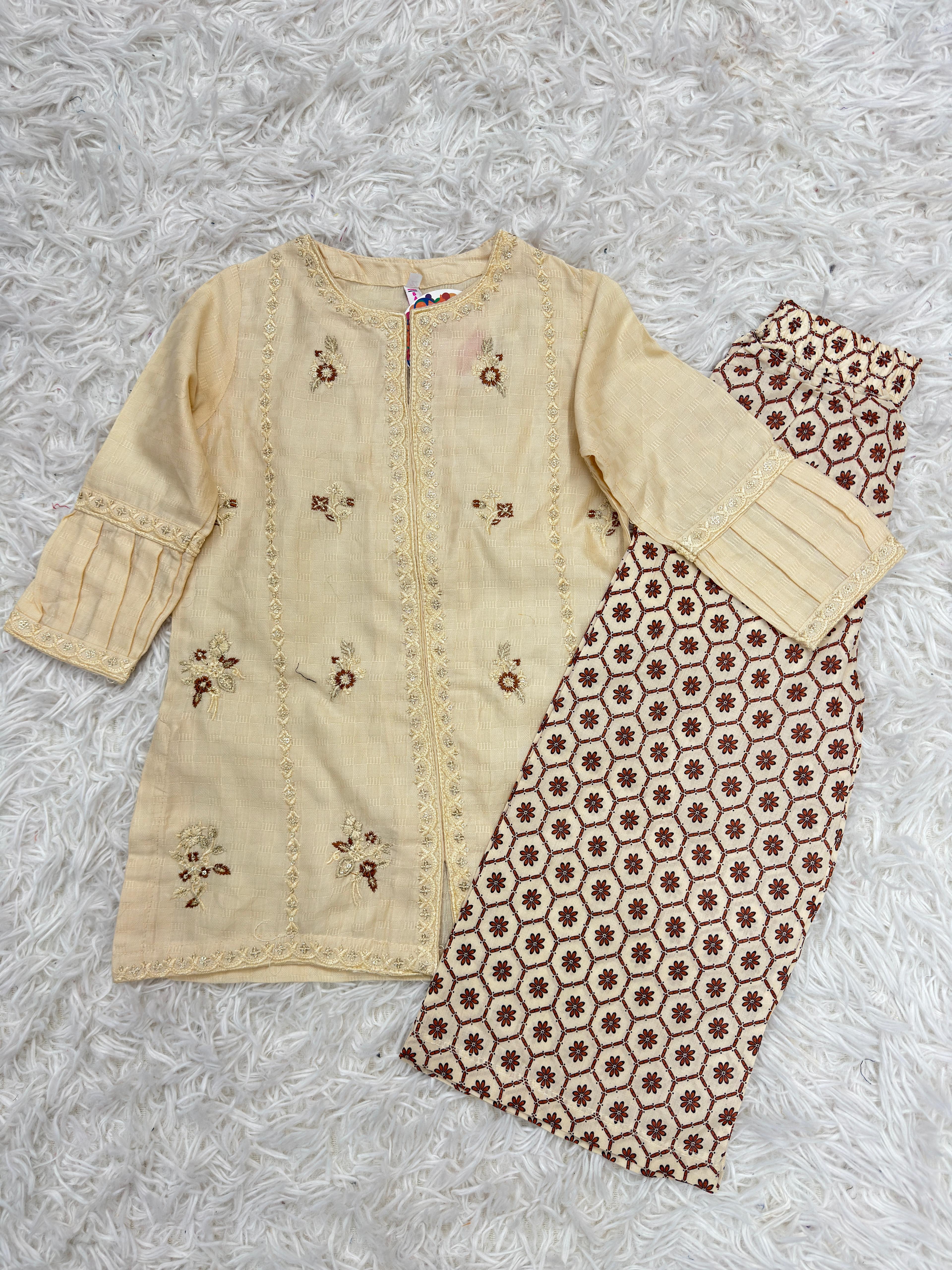 Baby Choice cream and brown embroidered girls lawn suit in Canada