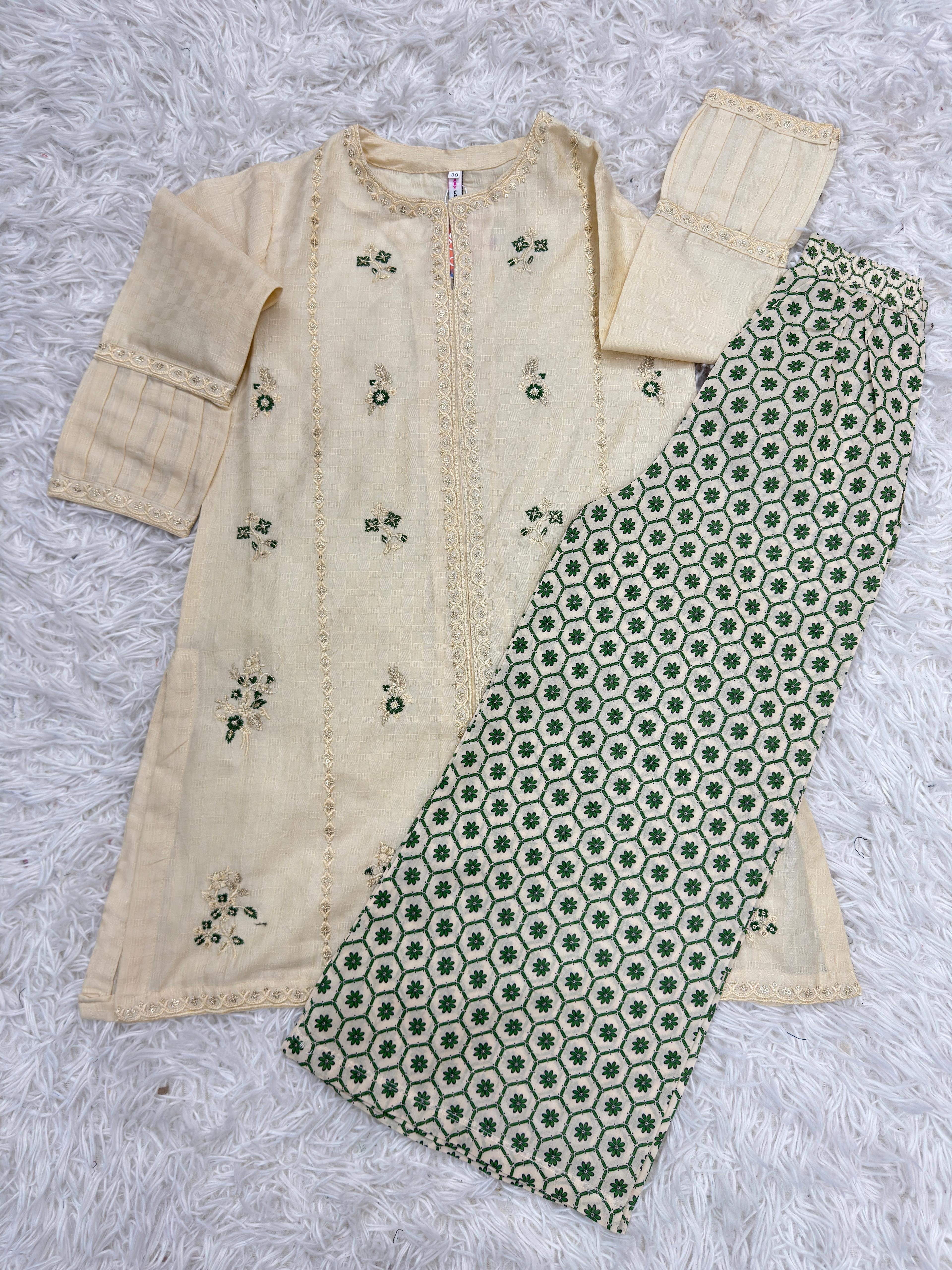 Baby Choice embroidered dobby lawn girls suit in cream and green in Canada