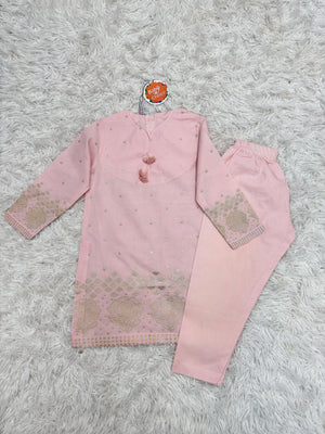 Baby Choice pink embossed glitter lawn embroidered girls 2 piece suit with matching embroidered trousers in Canada