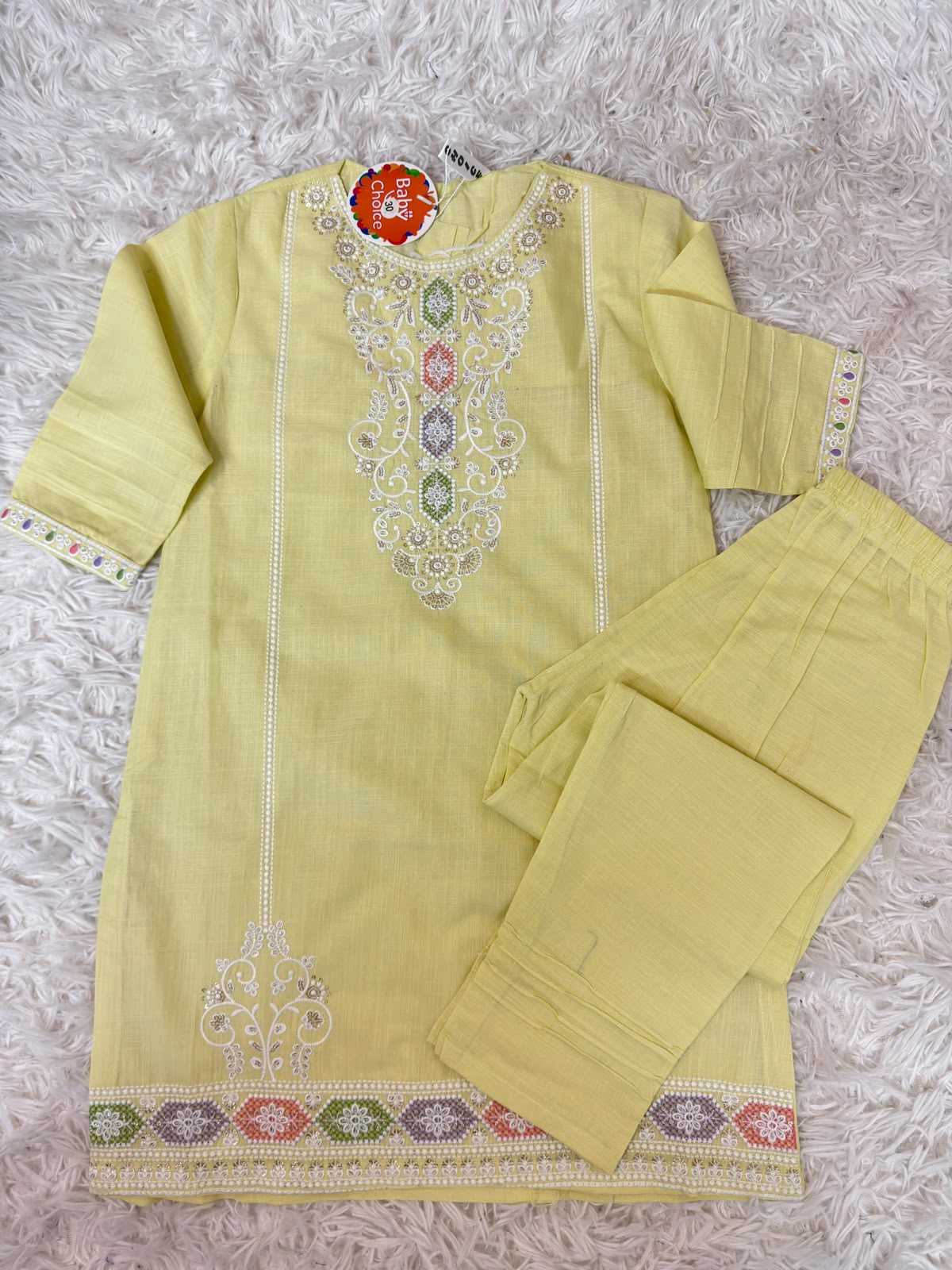 Baby Choice yellow embroidered kids suit at Maryam Qasim Boutique in Canada