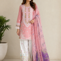 Baby pink embroidered cotton 3 piece Pakistani suit with embroidered shalwar and voile zari dupatta