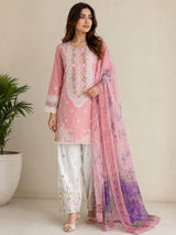 Baby pink embroidered cotton 3 piece Pakistani suit with embroidered shalwar and voile zari dupatta